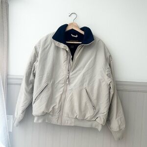 Vintage Eddie Bauer Medium Beige Bomber Jacket Nylon Zip Front Pockets